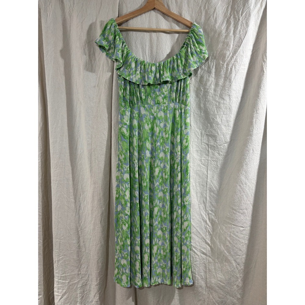Mango MNG Green Floral Plisse Ruffle Off Shoulder Midi Dress Womens Size L